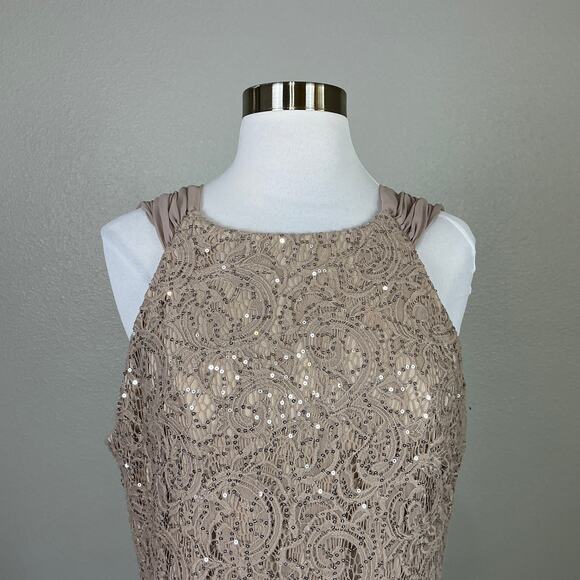 Alex Evenings Sequined Lace Draped Back Column Evening Gown Nude Brown Size 12 - Picture 7 of 13